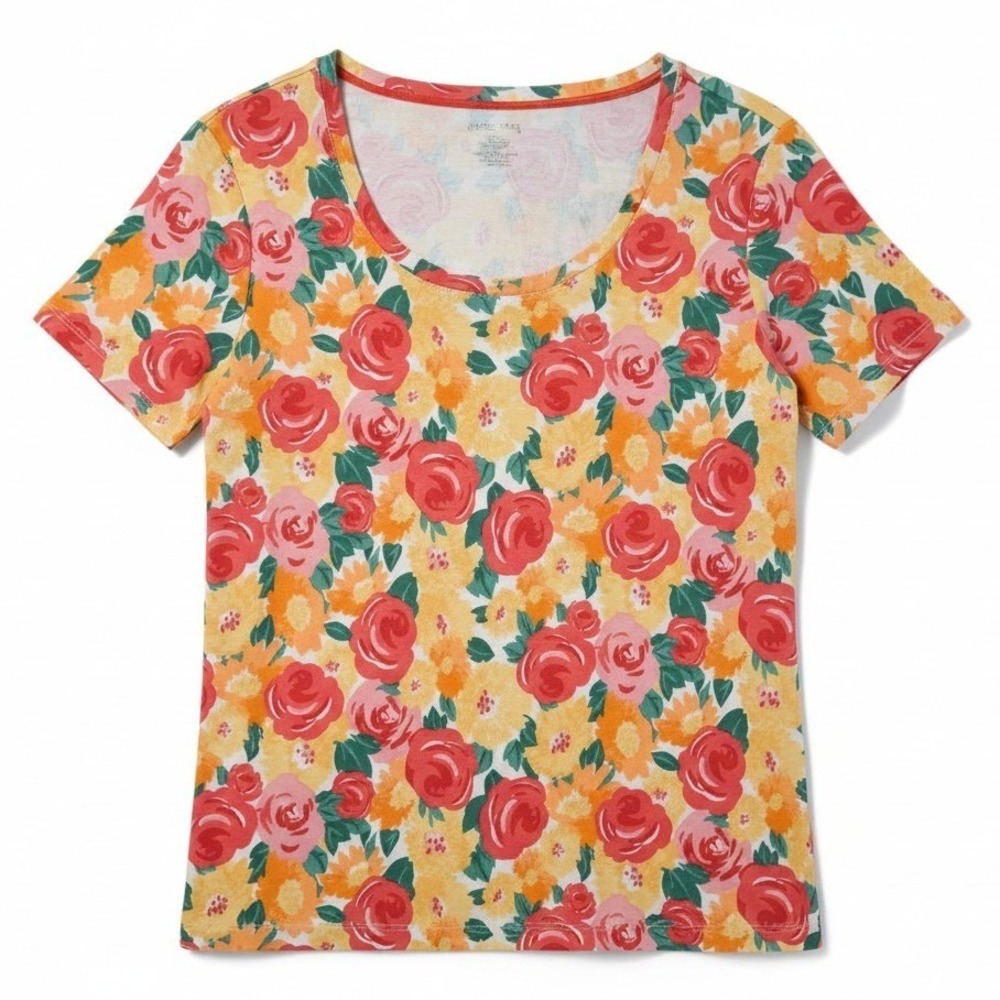 White Stag Womens XL Floral Rose Print Cotton Short Sleeve Scoop Neck Tee Top